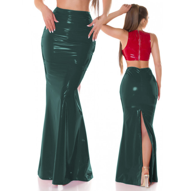 Vinyl Mermaid Long Skirts Womens Sexy Empire Waisted PVC Leather Skirt Shiny Sissy Split Wiggle Maxi Skirt Female Party Outfits