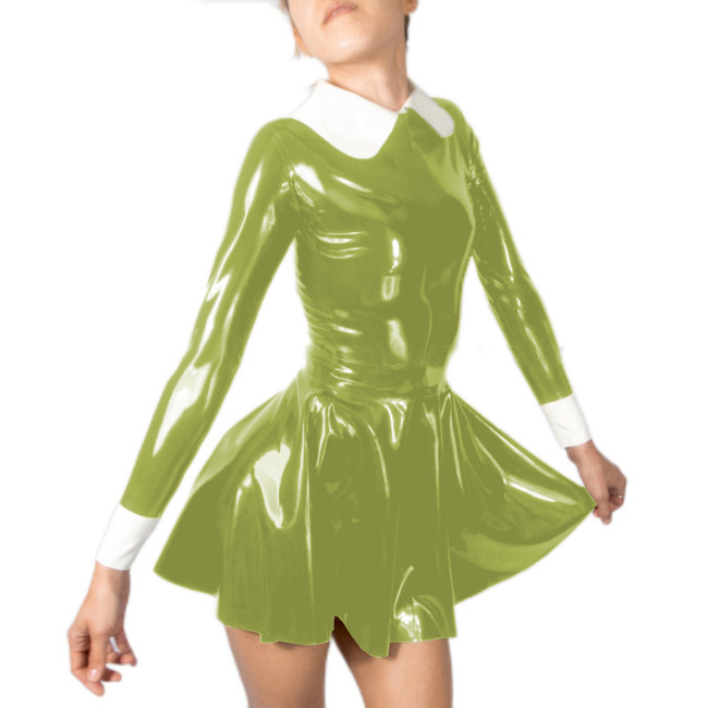 Sweet Faux Latex Peter Pan Collar Pleated Mini Dress PVC Leather Slim Shiny Zipper Back Dress Party Outfit Street Club Wear