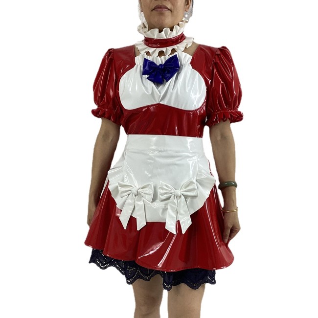 Men Women French Maid Cosplay Costume Lolia Sissy Maid Costume PVC Short Puff Sleeve Anime Crossdresser Gay Halloween Costumes