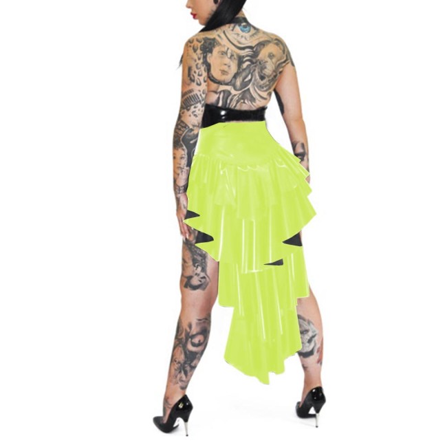 Sexy High Waist High-Low Hem Shorts Club Skirts with Train Shiny PVC Leather Tiered Ruffle Hem Shorts Skirt Steampunk Hot Shorts