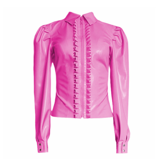 Fashion Chic Ruffles PVC Shiny Shirts Elegant Office Lady Puff Long Sleeve Blosue Zipper Turn-down Collar Women's Tops Clubwear