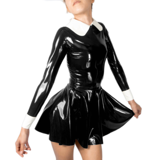 Sweet Faux Latex Peter Pan Collar Pleated Mini Dress PVC Leather Slim Shiny Zipper Back Dress Party Outfit Street Club Wear