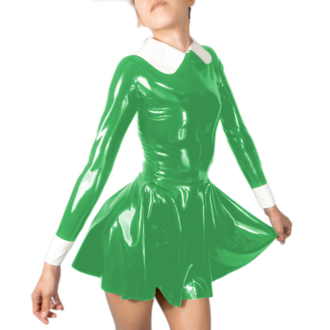 Sweet Faux Latex Peter Pan Collar Pleated Mini Dress PVC Leather Slim Shiny Zipper Back Dress Party Outfit Street Club Wear