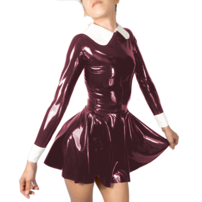 Sweet Faux Latex Peter Pan Collar Pleated Mini Dress PVC Leather Slim Shiny Zipper Back Dress Party Outfit Street Club Wear