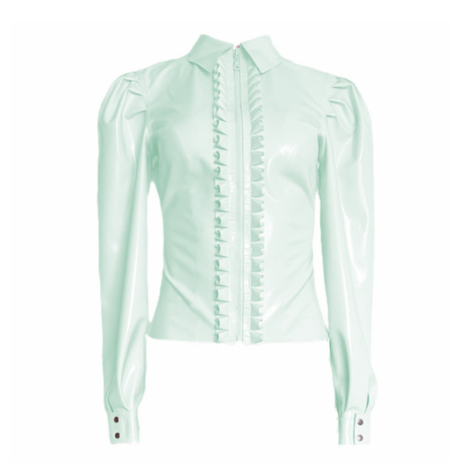 Fashion Chic Ruffles PVC Shiny Shirts Elegant Office Lady Puff Long Sleeve Blosue Zipper Turn-down Collar Women's Tops Clubwear