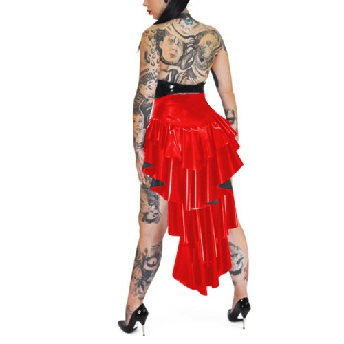 Sexy High Waist High-Low Hem Shorts Club Skirts with Train Shiny PVC Leather Tiered Ruffle Hem Shorts Skirt Steampunk Hot Shorts