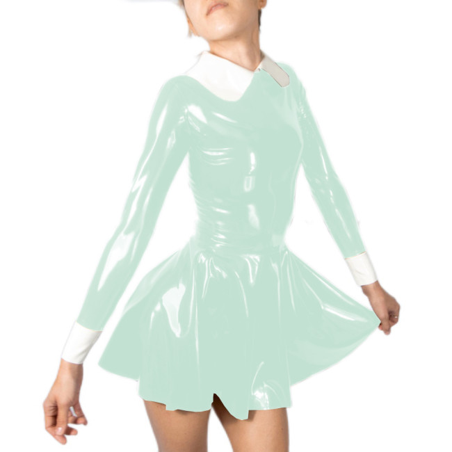Sweet Faux Latex Peter Pan Collar Pleated Mini Dress PVC Leather Slim Shiny Zipper Back Dress Party Outfit Street Club Wear