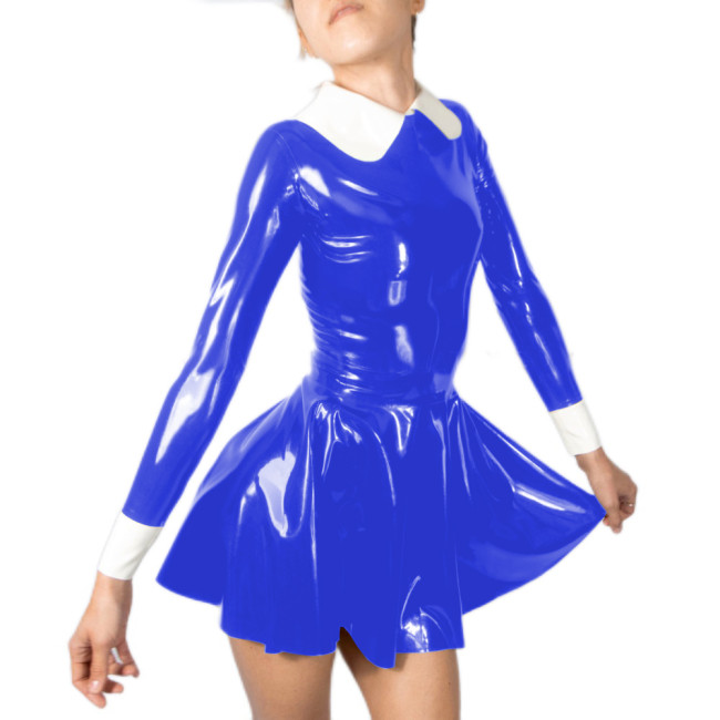 Sweet Faux Latex Peter Pan Collar Pleated Mini Dress PVC Leather Slim Shiny Zipper Back Dress Party Outfit Street Club Wear