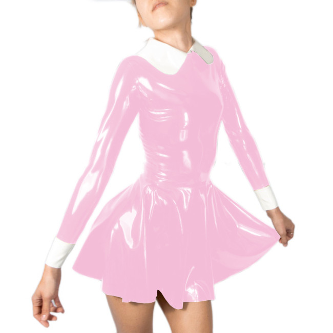 Sweet Faux Latex Peter Pan Collar Pleated Mini Dress PVC Leather Slim Shiny Zipper Back Dress Party Outfit Street Club Wear