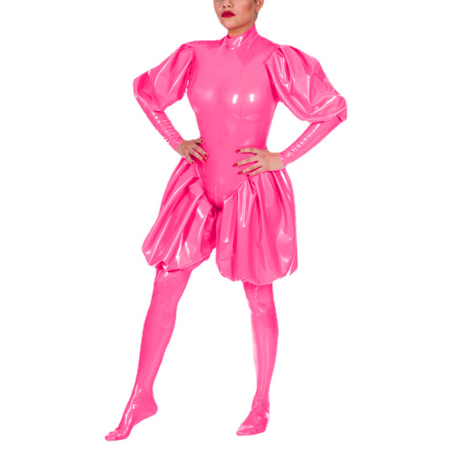 Shiny PVC Oversized Loose Sissy Rompers Two Pieces Crossdresser Fetish Costume Long Puff Sleeve Bloomer Jumpsuit with High Socks