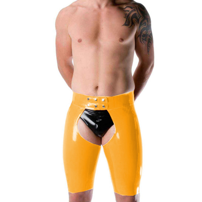 Wetlook PVC Leather Sexy Men Short Pants Skinny Fetish Slim Sex Open Crotch Shorts Sissy Lingerie Party Clubwear Casual S-7XL