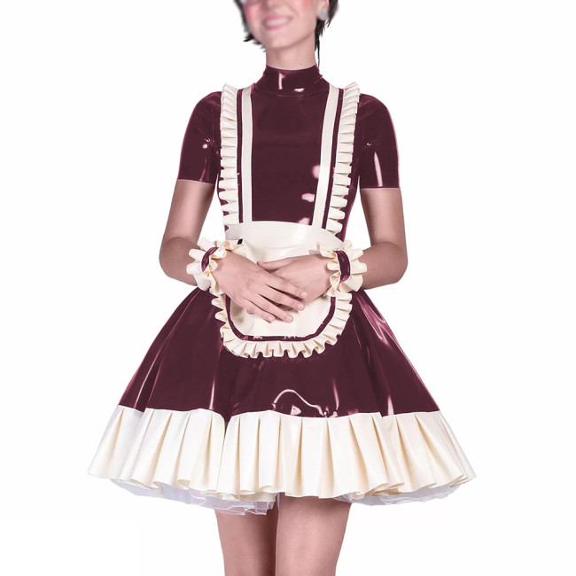 Halloween Maid Cosplay Costumes Ruffles Sissy Short Sleeve Lolita Dress Outfits Wet Look Mock Neck A-line Pleated Maid Uniform