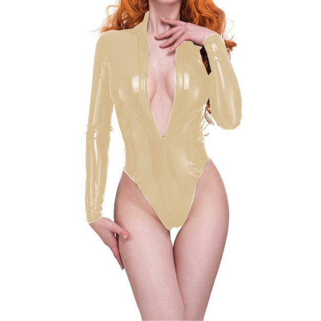 Novelty Wet Look PVC Leather Women Front Zip Bodysuit High Neck Long Sleeve Stretch Bodysuits Sexy Fetish Party Clubwear S-7XL