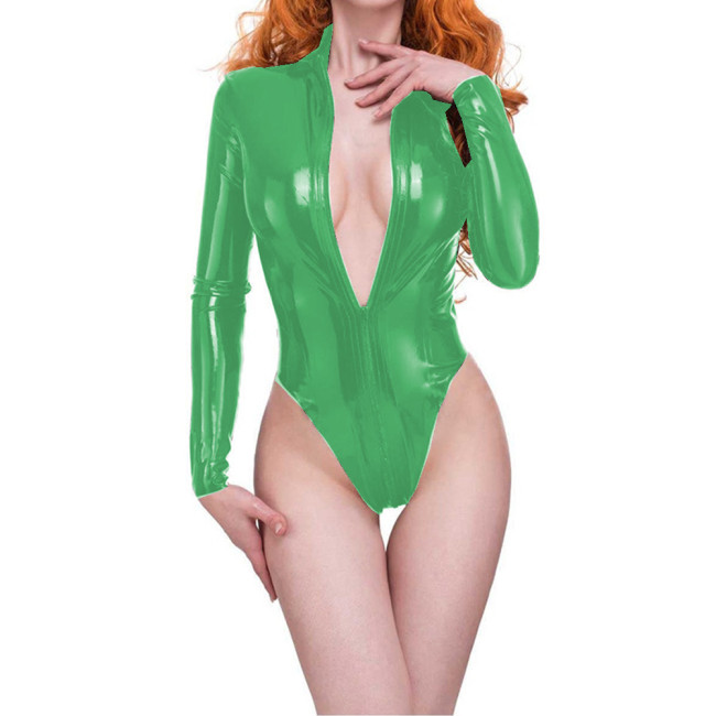 Novelty Wet Look PVC Leather Women Front Zip Bodysuit High Neck Long Sleeve Stretch Bodysuits Sexy Fetish Party Clubwear S-7XL