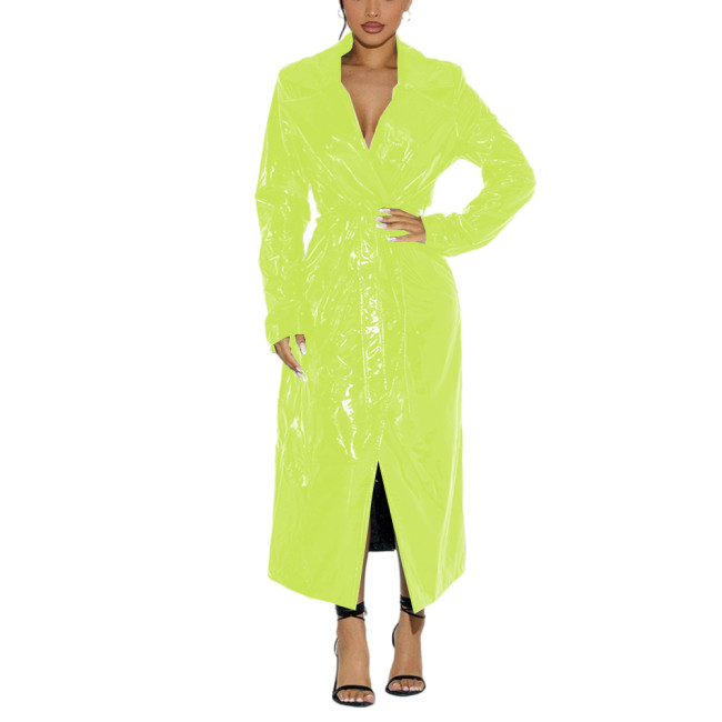 Fashion Ladies Shiny PVC Leather Belted Long Trench Coat Sissy Wet Look Lapel Neck Long Sleeve Overcoat Sexy Fetish Clubwear