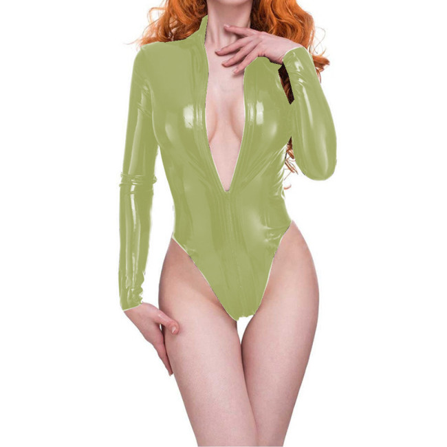 Novelty Wet Look PVC Leather Women Front Zip Bodysuit High Neck Long Sleeve Stretch Bodysuits Sexy Fetish Party Clubwear S-7XL