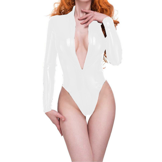 Novelty Wet Look PVC Leather Women Front Zip Bodysuit High Neck Long Sleeve Stretch Bodysuits Sexy Fetish Party Clubwear S-7XL