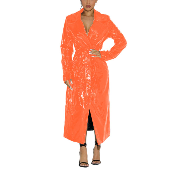Fashion Ladies Shiny PVC Leather Belted Long Trench Coat Sissy Wet Look Lapel Neck Long Sleeve Overcoat Sexy Fetish Clubwear