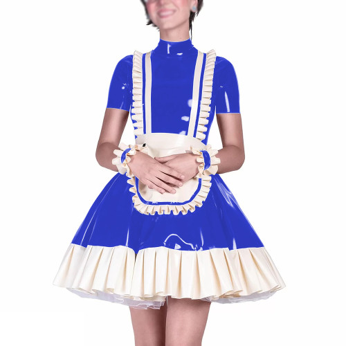 Halloween Maid Cosplay Costumes Ruffles Sissy Short Sleeve Lolita Dress Outfits Wet Look Mock Neck A-line Pleated Maid Uniform
