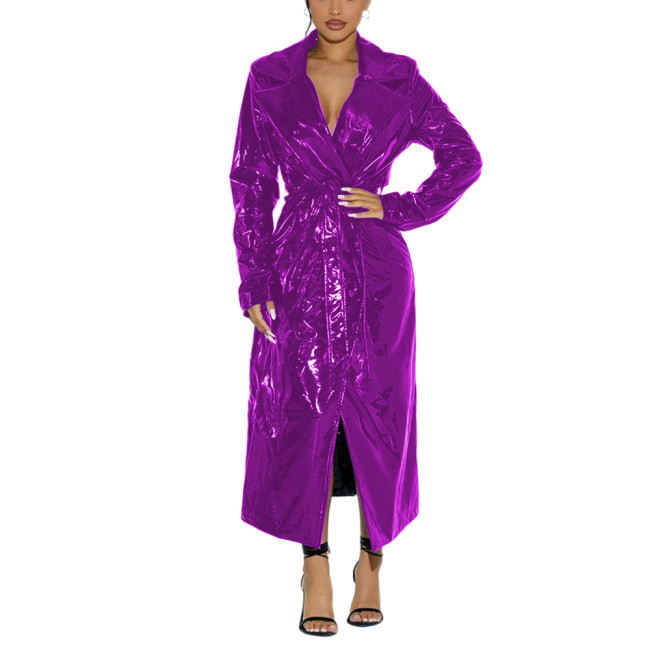 Fashion Ladies Shiny PVC Leather Belted Long Trench Coat Sissy Wet Look Lapel Neck Long Sleeve Overcoat Sexy Fetish Clubwear