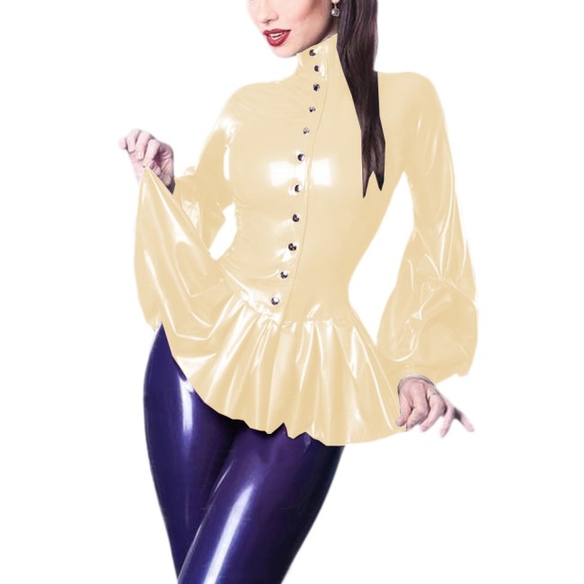 Elegant High Neck PVC Shiny Woman Shirt Lantern Long Sleeve Ruffles Hem Blouse Fashion Single Breasted Slim Ladies Tops Clubwear