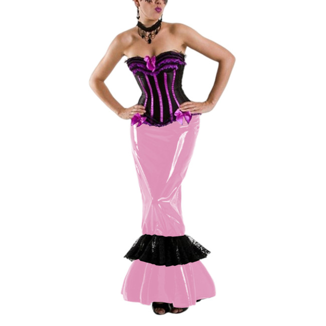 Gothic Shiny PVC Long Mermaid Skirt Sissy Ruffles High Waist Ankle-Length Skirts Party Mistress Hobble Skirts Fetish Clubwear
