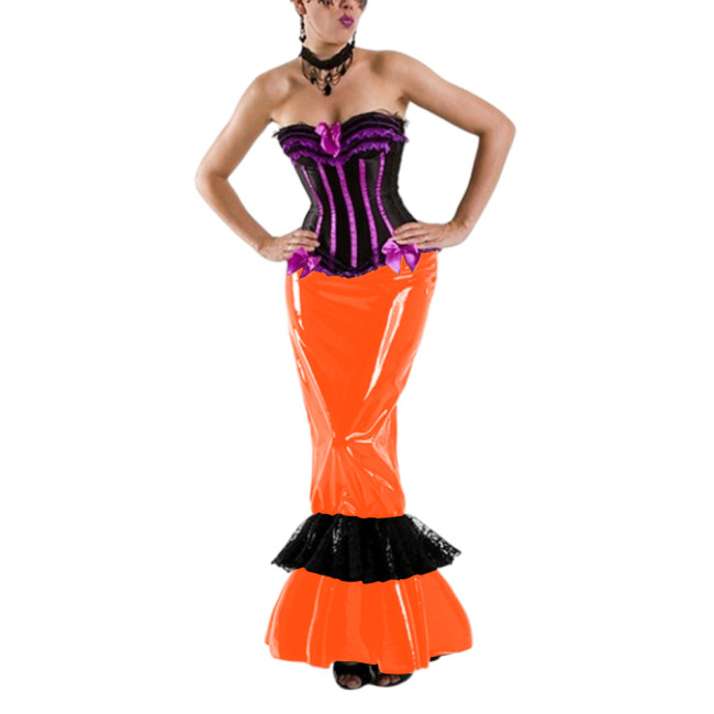 Gothic Shiny PVC Long Mermaid Skirt Sissy Ruffles High Waist Ankle-Length Skirts Party Mistress Hobble Skirts Fetish Clubwear
