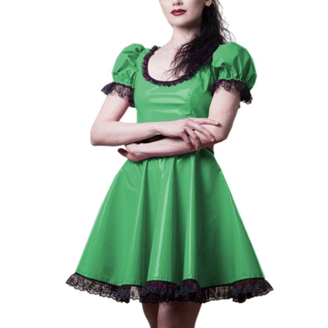 Elegant Party Shiny PVC Pleated Ball Dress Women Black Lace Trim A-line Mini Dress Wellook Scoop Neck Short Sleeve Flared Dress