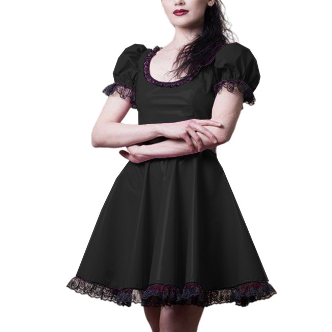 Elegant Party Shiny PVC Pleated Ball Dress Women Black Lace Trim A-line Mini Dress Wellook Scoop Neck Short Sleeve Flared Dress
