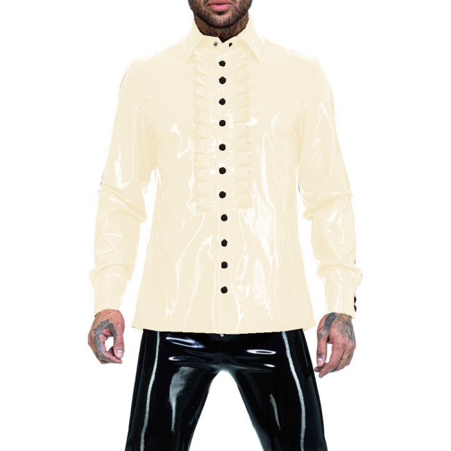Glossy Men PVC Long Sleeve Tops Turn-down Neck Buttons Ruffle Shirt Business Wetlook Leather Shirts Party Clubwear Street S-7XL