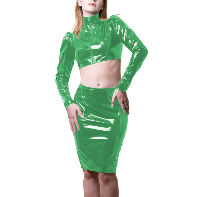 Fashion Club Slim Pencil Skirt 2 Piece Sets Women Long Sleeve Croped Jackets Shiny PVC Leather High Waist Skirts Sets Streetwear