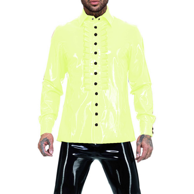 Glossy Men PVC Long Sleeve Tops Turn-down Neck Buttons Ruffle Shirt Business Wetlook Leather Shirts Party Clubwear Street S-7XL