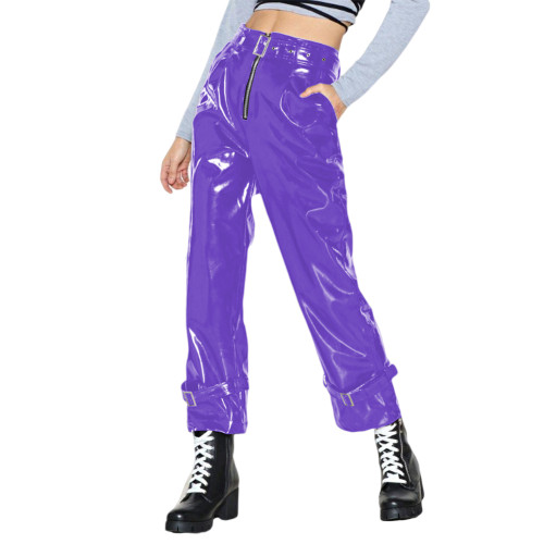 Punk Shiny PVC Leather Straight High Waist Pants Fashion Vinyl Buckle Belted Track Pant Wet Look Mens Womens Trousers Streetwear