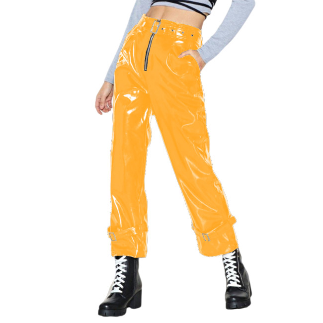 Punk Shiny PVC Leather Straight High Waist Pants Fashion Vinyl Buckle Belted Track Pant Wet Look Mens Womens Trousers Streetwear