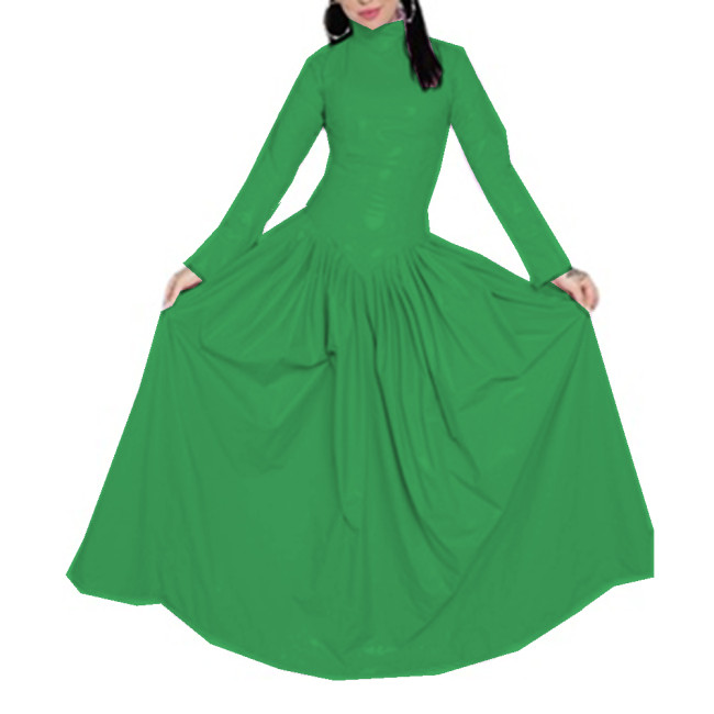 Sexy Sheath Long Dress Women Long Sleeve Wetlook PVC Leather Half High Collar Pleated Maxi Dress Vestidos Elegant Streetwear 7XL