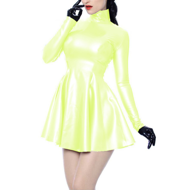 Glossy PVC Leather Sexy Women Long Sleeve Sheath Pleated Mini Dress Vestidos Elegant Dresses Streetwear Party Club Female Dress