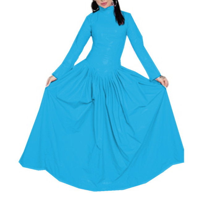 Sexy Sheath Long Dress Women Long Sleeve Wetlook PVC Leather Half High Collar Pleated Maxi Dress Vestidos Elegant Streetwear 7XL