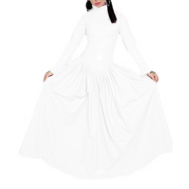 Sexy Sheath Long Dress Women Long Sleeve Wetlook PVC Leather Half High Collar Pleated Maxi Dress Vestidos Elegant Streetwear 7XL