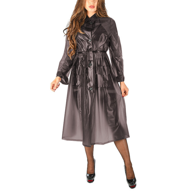 Sexy Clear Plastic Long Sleeve A Shape Midi Dress Turn-down Collar See Through Button Long Trench Dress Club Party Sheer Dress
