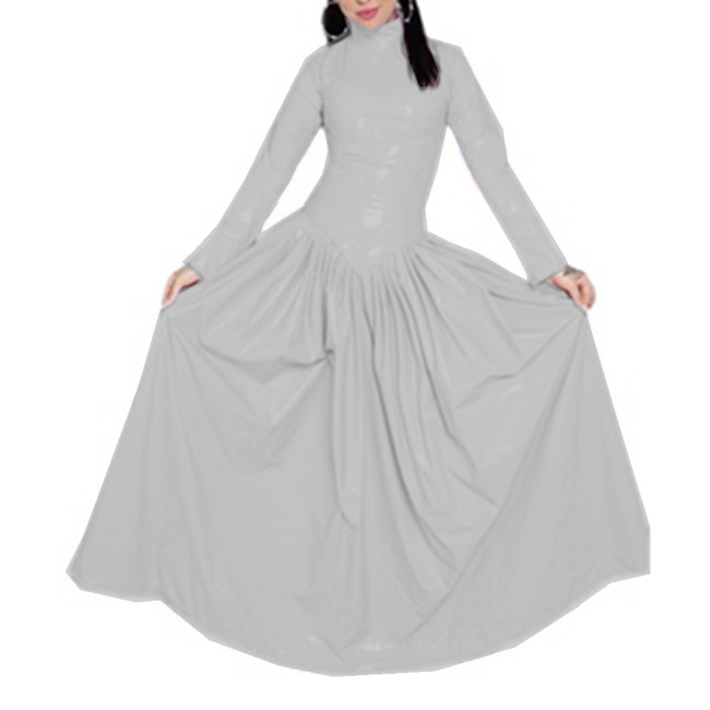 Sexy Sheath Long Dress Women Long Sleeve Wetlook PVC Leather Half High Collar Pleated Maxi Dress Vestidos Elegant Streetwear 7XL