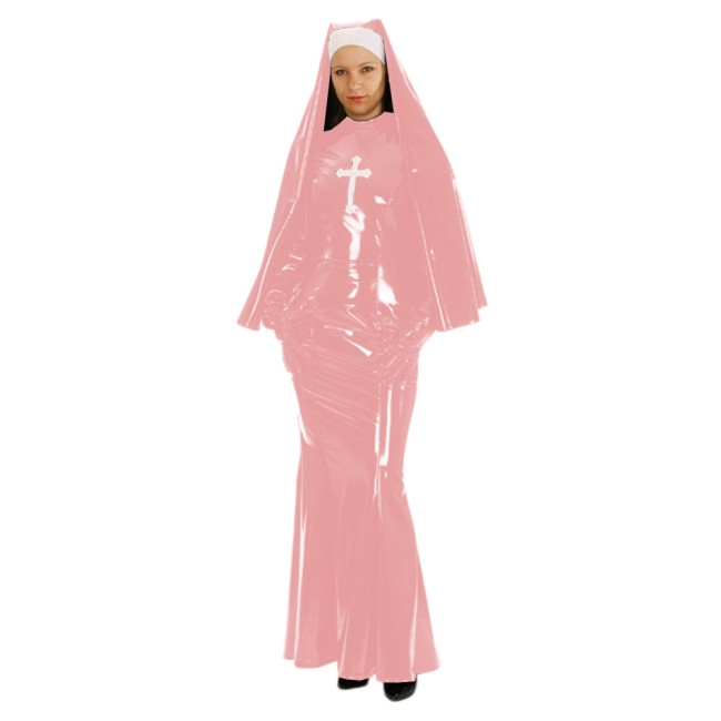 Shiny PVC Nun Sister Habit Costume Women's Sexy Bodycon Mermaid Long Dress with Gloves Halloween Cosplay Nun Fancy Dress Uniform