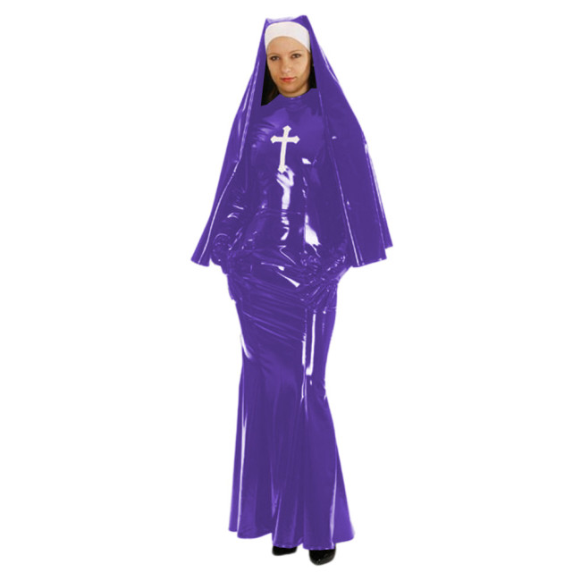 Shiny PVC Nun Sister Habit Costume Women's Sexy Bodycon Mermaid Long Dress with Gloves Halloween Cosplay Nun Fancy Dress Uniform