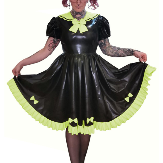 Preppy Style Faux PVC Leather Puff Short Sleeve Knee-Length Pleated Dress Sissy Shiny Bow Sweet Sailor Neck A-line Lolita Dress