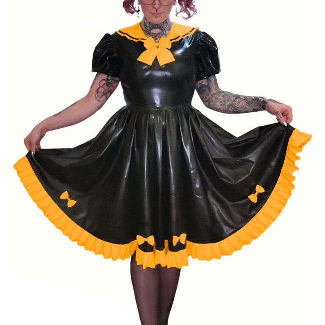 Preppy Style Faux PVC Leather Puff Short Sleeve Knee-Length Pleated Dress Sissy Shiny Bow Sweet Sailor Neck A-line Lolita Dress