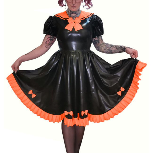 Preppy Style Faux PVC Leather Puff Short Sleeve Knee-Length Pleated Dress Sissy Shiny Bow Sweet Sailor Neck A-line Lolita Dress