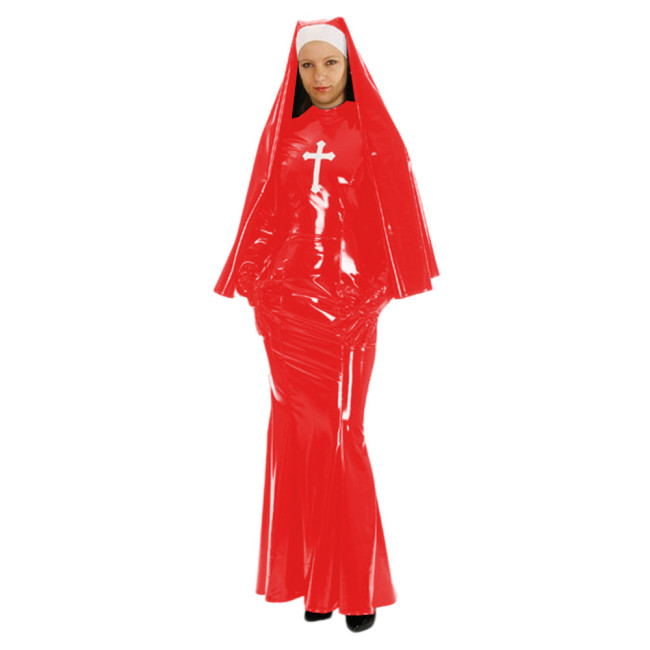 Shiny PVC Nun Sister Habit Costume Women's Sexy Bodycon Mermaid Long Dress with Gloves Halloween Cosplay Nun Fancy Dress Uniform