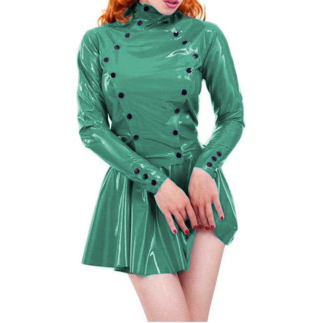 Women Dress Glossy PVC Sexy Double Buttons Slim Fit Long Sleeve Pleated Mini Skirt Dress High Street Party Clubwear Casual S-7XL