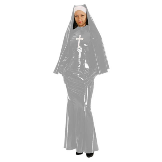 Shiny PVC Nun Sister Habit Costume Women's Sexy Bodycon Mermaid Long Dress with Gloves Halloween Cosplay Nun Fancy Dress Uniform