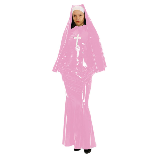 Shiny PVC Nun Sister Habit Costume Women's Sexy Bodycon Mermaid Long Dress with Gloves Halloween Cosplay Nun Fancy Dress Uniform