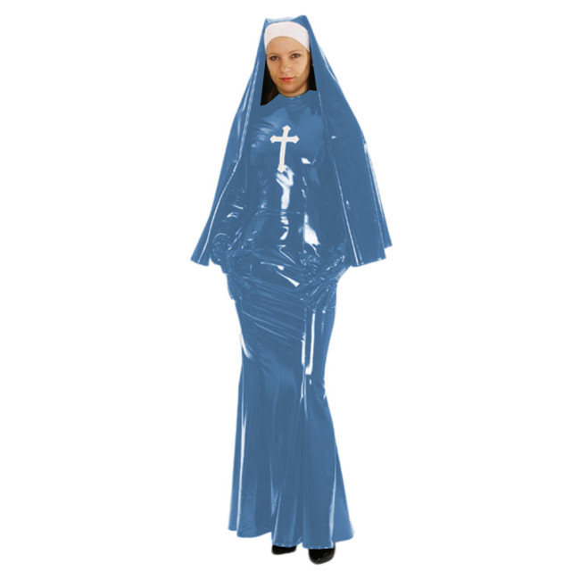 Shiny PVC Nun Sister Habit Costume Women's Sexy Bodycon Mermaid Long Dress with Gloves Halloween Cosplay Nun Fancy Dress Uniform